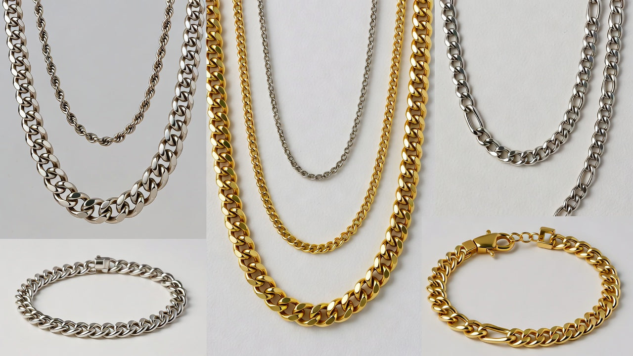 Collection of chain necklaces and bracelets in gold, silver, and gray on a light gray background.