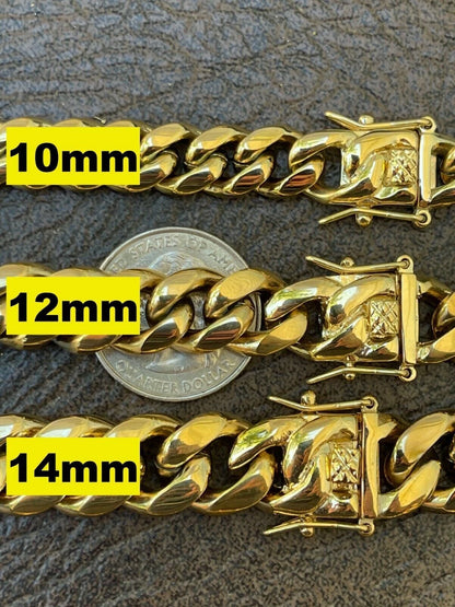 Miami Cuban Gold chains displayed with size measurements on a black background